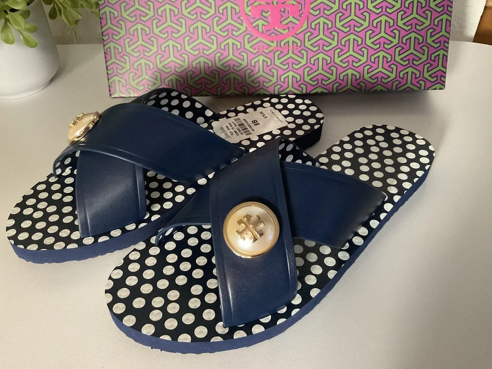 TORY BURCH, NEW, MELODY CRISS CROSS SANDALS, Size 8, NAVY